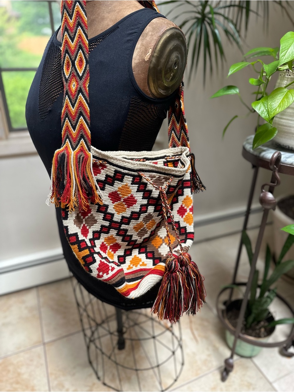 Handwoven Geometric Bohemian Crossbody Bag in Cream, Orange Ethnic eclectic
